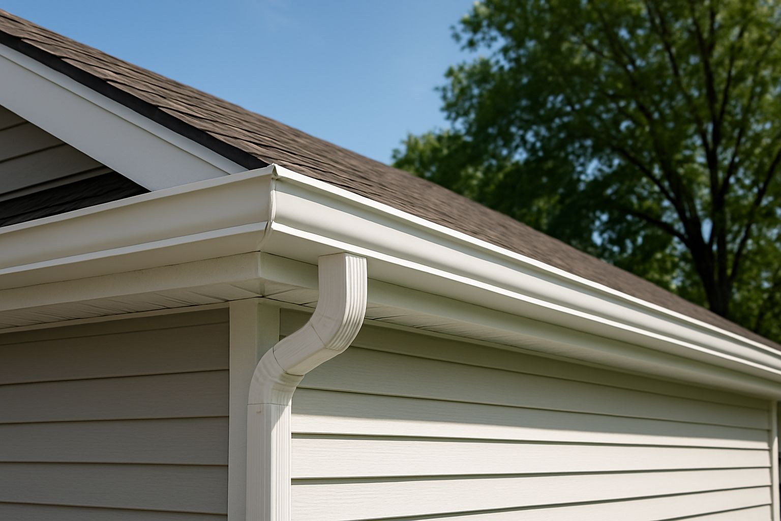 Seamless gutters and downspout along a home's roofline
